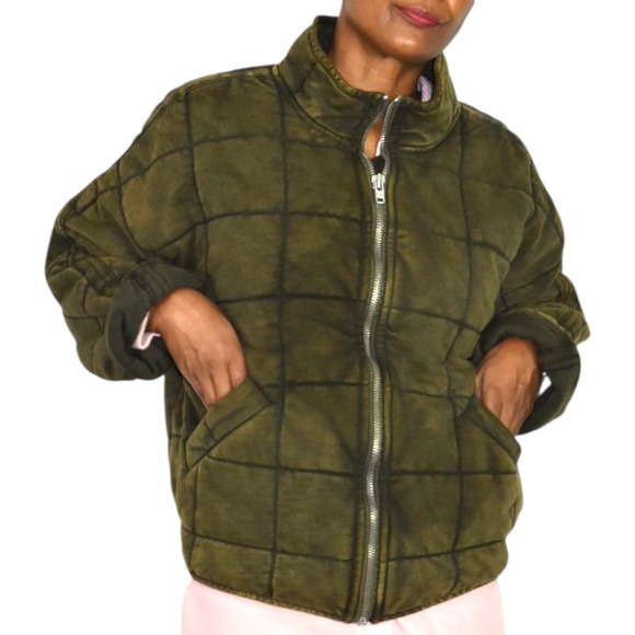 Free People Dolman Quilted Knit Jacket Green Olive Bomber Oversizes Cotton XS - Picture 10 of 16